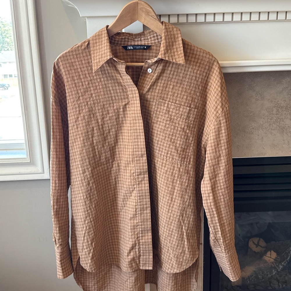 Zara Brown Checkered Long Sleeve Shirt